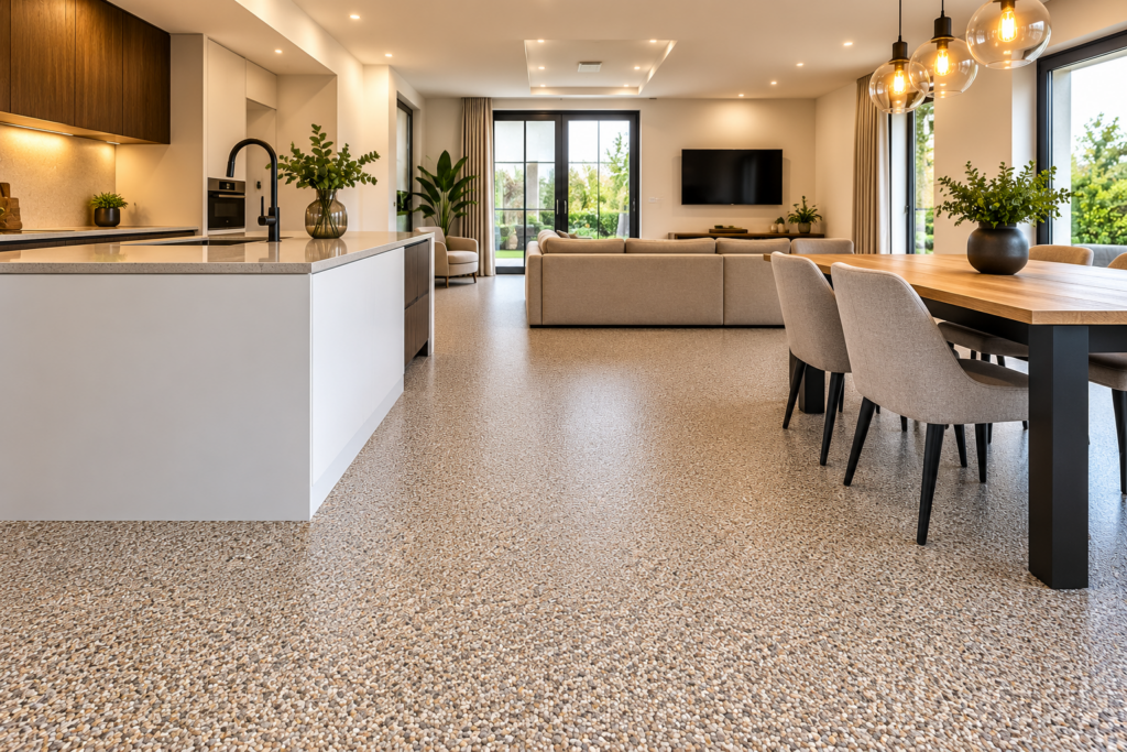 Naadloze binnenvloer in steentapijt in een moderne woonkamer en keuken