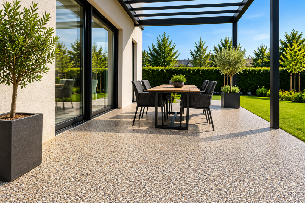 Modern terras met steentapijt onder een overkapping