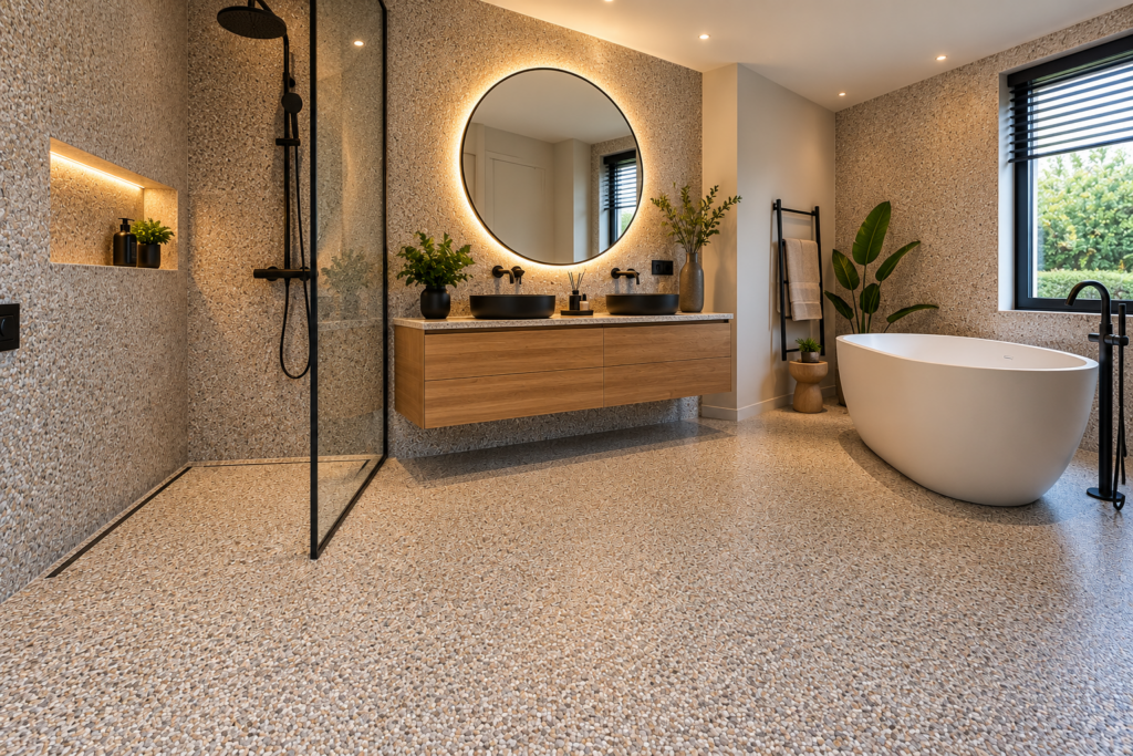 Moderne badkamer met steentapijt op vloer en wanden