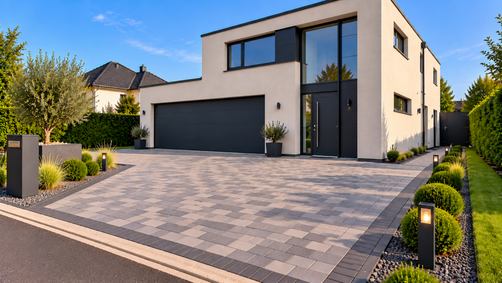 Moderne oprit met grijze betonklinkers bij een hedendaagse woning