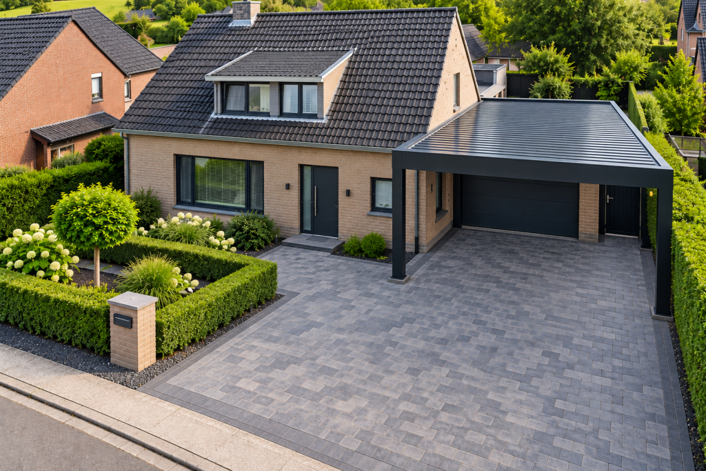 Oprit met antracietkleurige klinkers en zwarte carport bij een woning